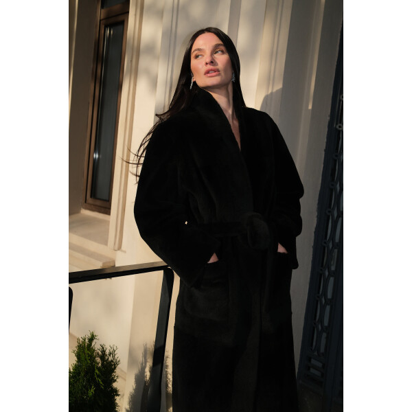 Palton shearling merino cu cordon, reversibil, negru, 120cm