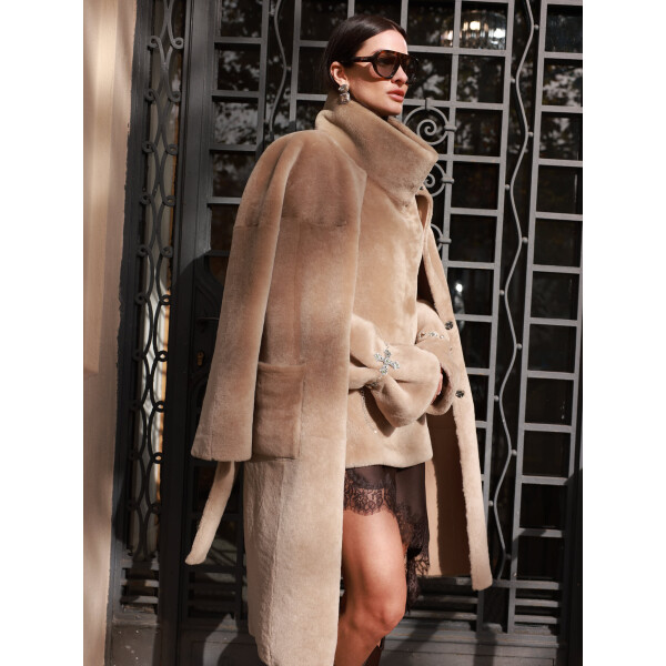 Palton shearling cu cordon, reversibil, bej, 100cm