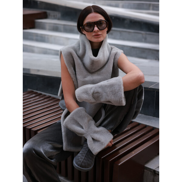 Vesta tunica cu guler inalt, shearling merinos spaniol, gri, 60cm