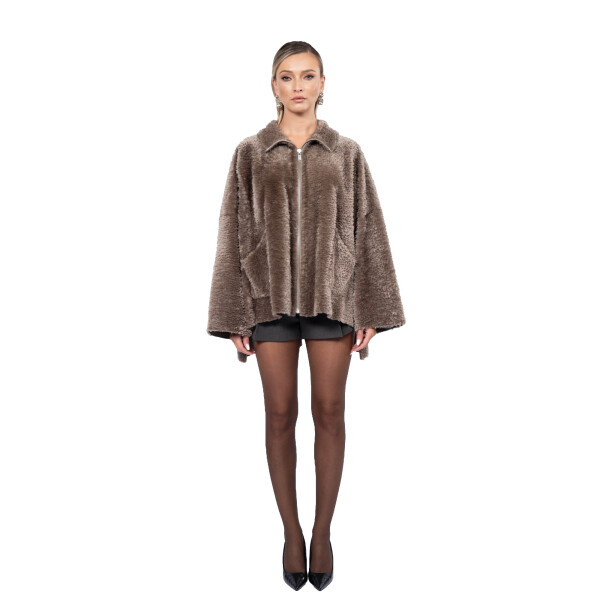 Jacheta shearling persan asimetrica, cu fermoar, culoare speciala, 65cm