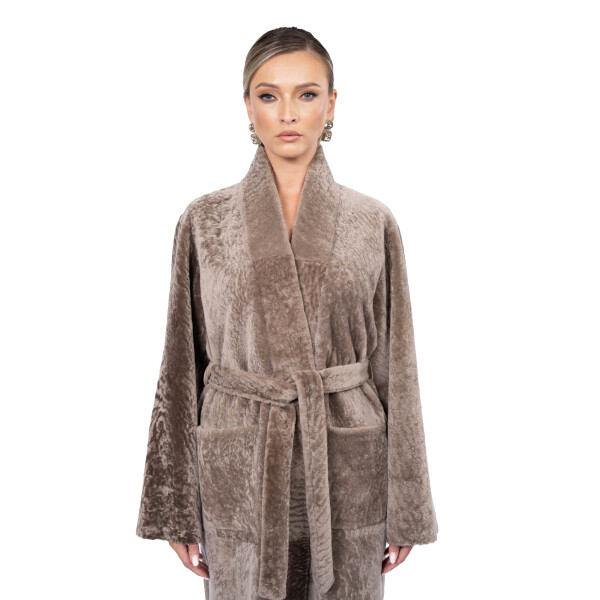 Palton shearling persan, cu cordon si guler tip kimono, 100cm