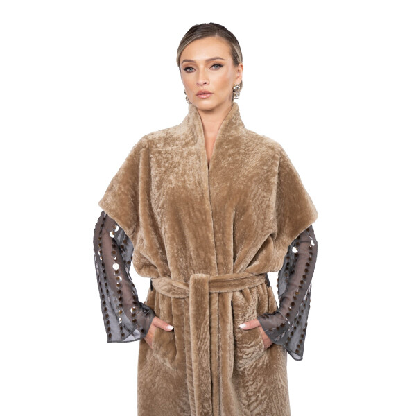 Vesta lunga cu cordon, shearling persan, 110cm