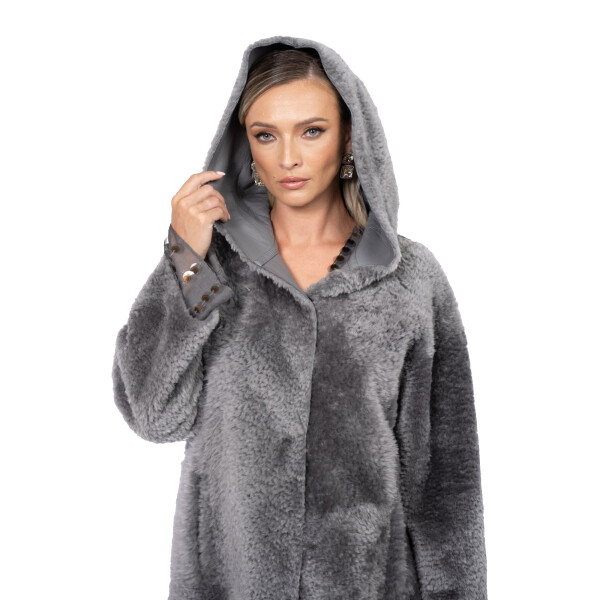 Palton shearling South African, cu gluga, gray, 100cm