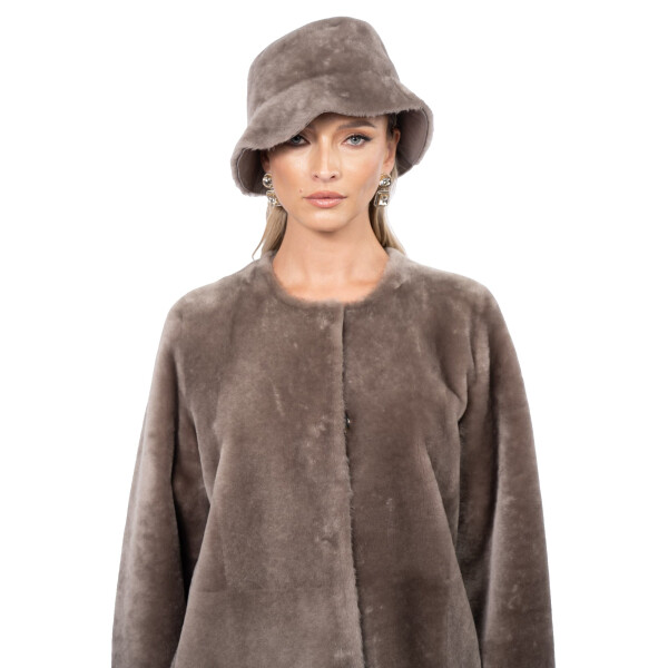 Set Palton + palarie shearling South African velvet, tan taupe, 90cm