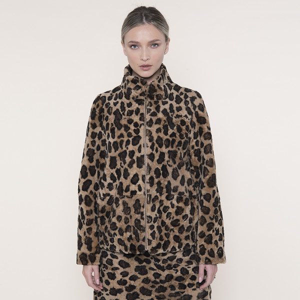 Geaca bomber shearling animal print gold, 62cm