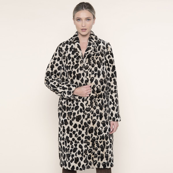 Palton shearling revere inguste, brown eyes animal print, 107cm