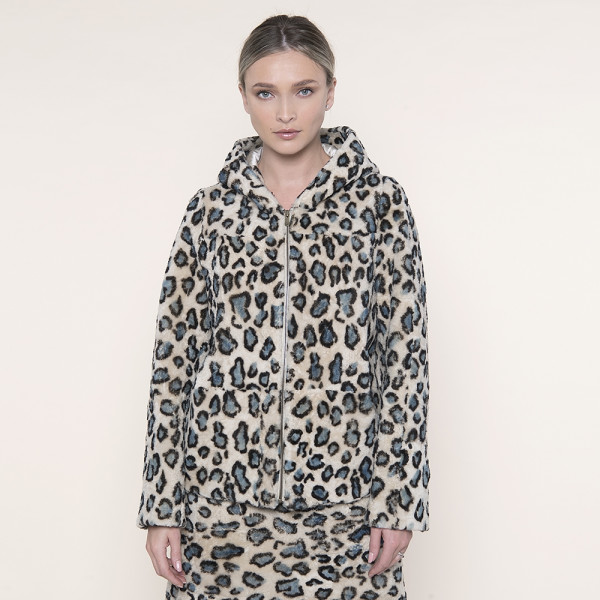 Geaca bomber shearling, blue eyes animal print, 62cm