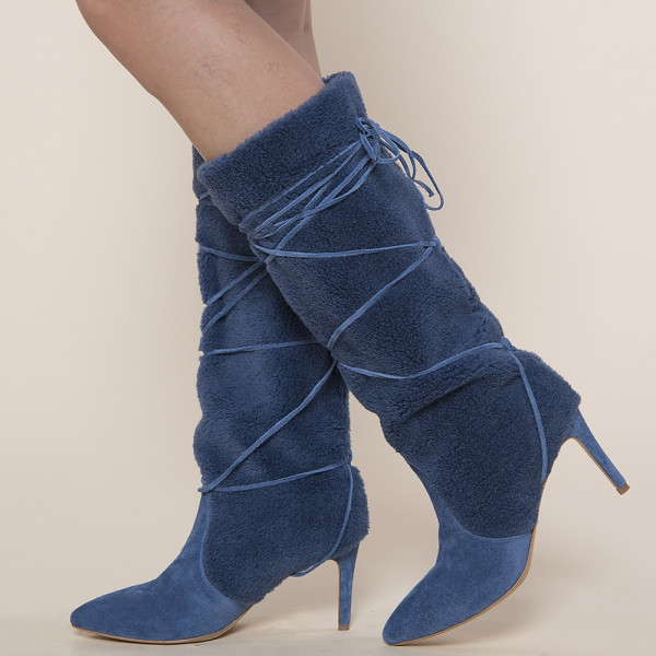 Cizme blana naturala shearling wool, navy, toc 9cm