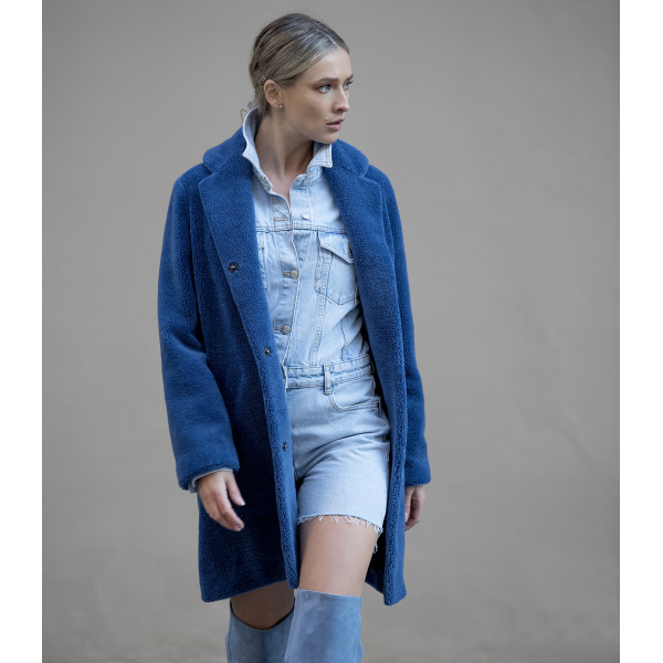Palton blana naturala miel Australian, revere scurte, navy blue, 90cm