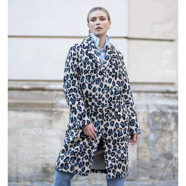 Palton shearling rever scurt, animal print blue eyes, 107cm