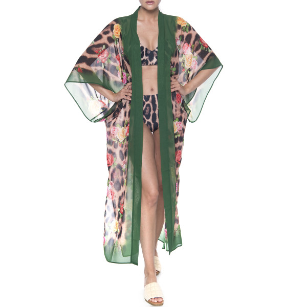 Kimono deschis Feline Moves Roses, voal transparent