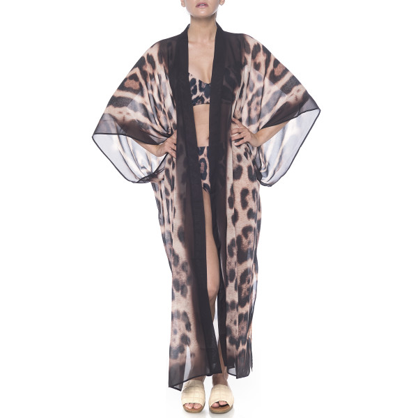 Kimono deschis Feline Moves bordura maro, voal transparent