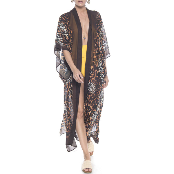 Kimono deschis Wild Mood bordura maro, voal transparent