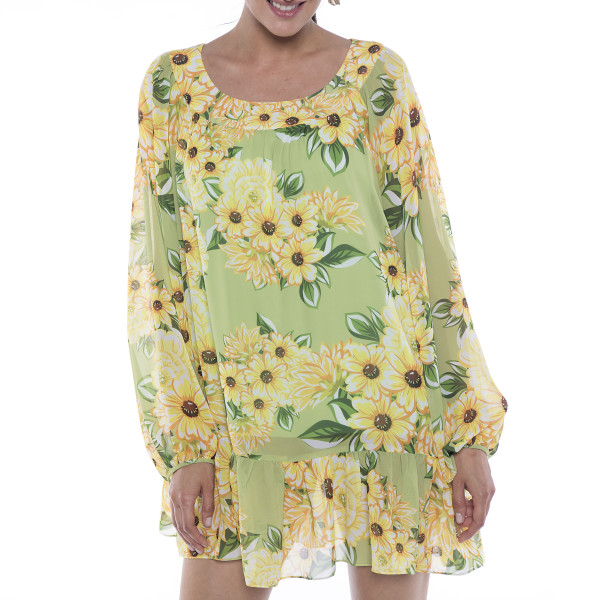 Rochie mini voal Sun Flower Bloom, maneci bufante