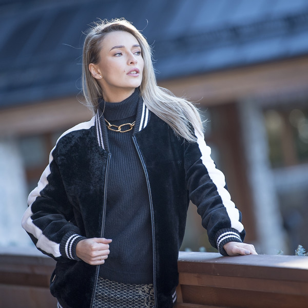 Geaca bomber blana naturala rex-chinchilla, 50cm, negru cu alb