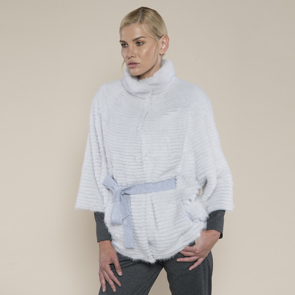 Jacheta blana naturala vizon/suport lana 100%, cu cordon, gri deschis, 80cm