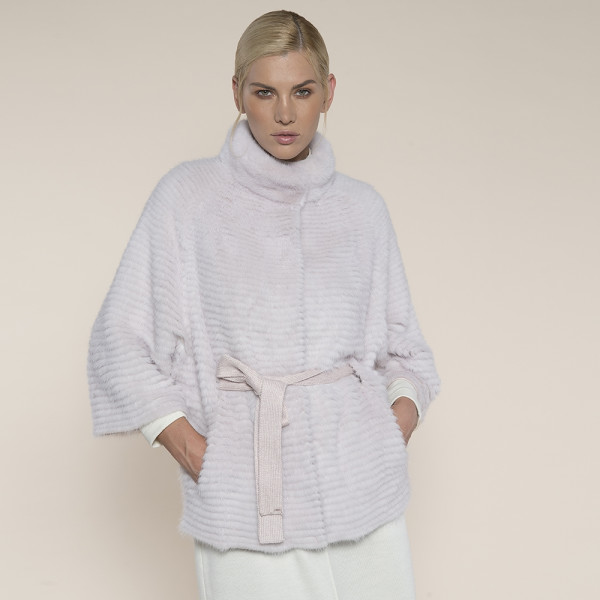 Jacheta blana vizon montat pe suport lana, cu cordon, roz pal, 65cm