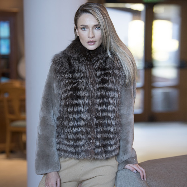 Haina blana naturala vulpe + maneci detasabile de rex-chinchilla taupe, 60cm