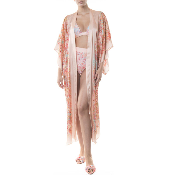 Kimono lung matase naturala 100%, Paisley Cipria