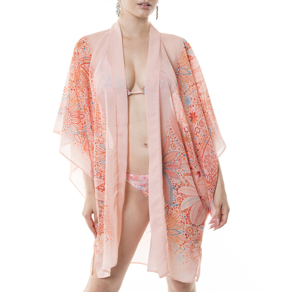Kimono deschis scurt  voal Paisley Cipria