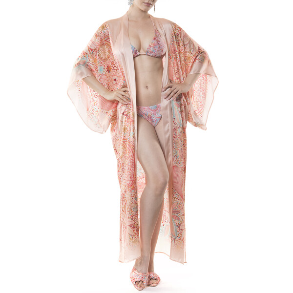 Kimono deschis lung matase naturala 100%, Paisley Cipria