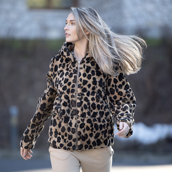 Geaca bomber cu gluga, shearling animal print gold, 60cm