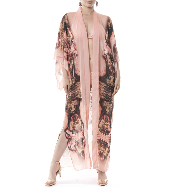 Kimono lung deschis voal Marble Cipria