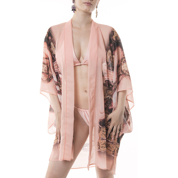 Kimono deschis scurt, voal transparent Marble Cipria