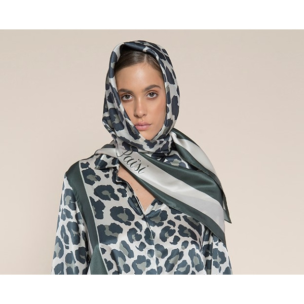 Esarfa matase naturala 100%, animal print olive eyes, 130x130cm