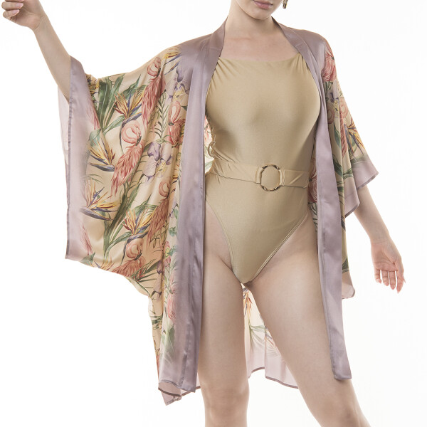 Kimono scurt matase naturala 100%, Tropical Breeze bordura roz pudra