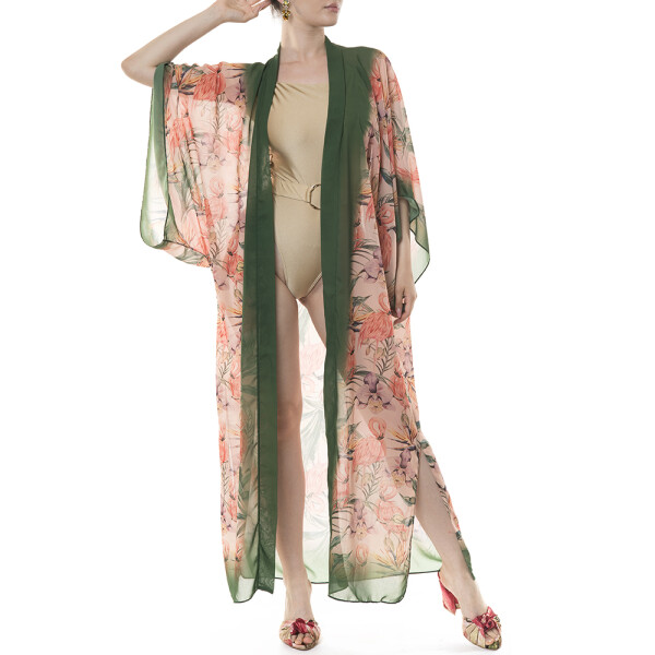 Kimono lung deschis Tropical Breeze, bordura verde, voal transparent