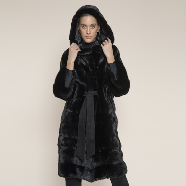 Haina blana naturala vizon selectie speciala black mink, cu gluga, 107cm, 3 haine in 1