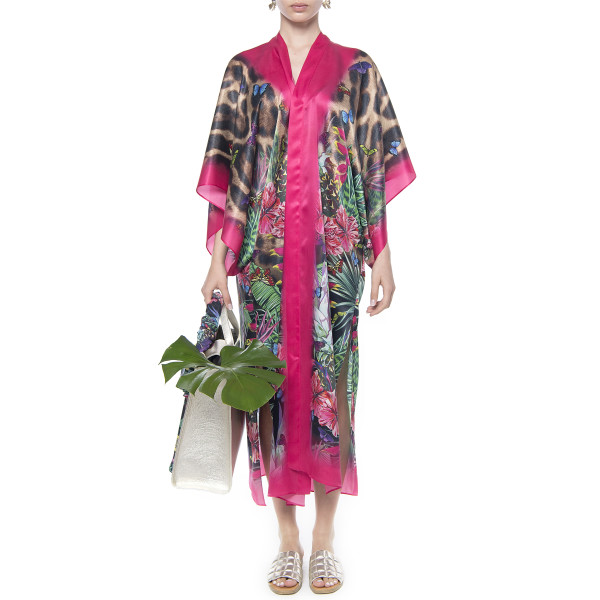 Light kimono,100% silk, Jungle Vibe print, red border