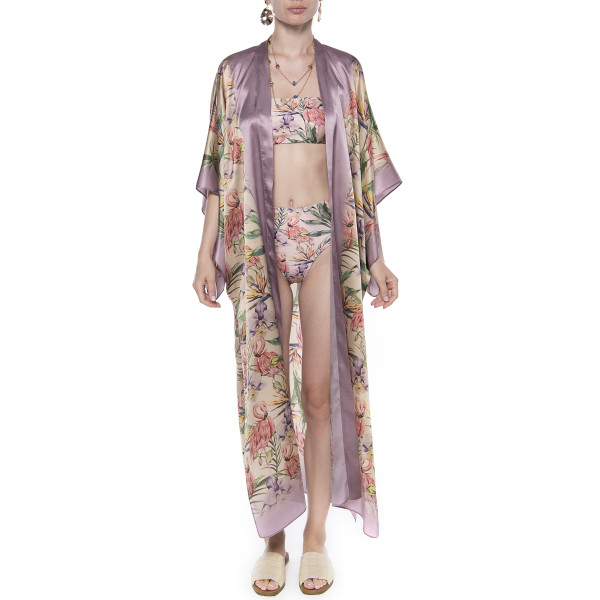 Kimono deschis, matase 100%, imprimeu Tropical Breeze bordura mov pal