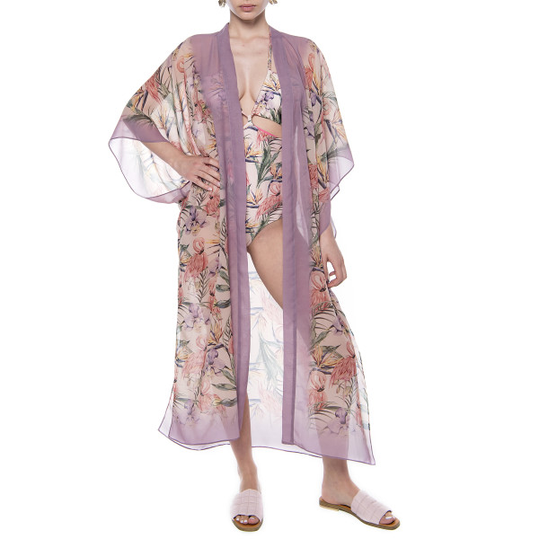 Kimono deschis, voal, imprimeu Tropical Breeze bordura mov pal