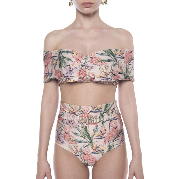 Costum baie 2 piese Tropical Breeze, bustiera volan umar si slip brazilian talie inalta logo Paisi