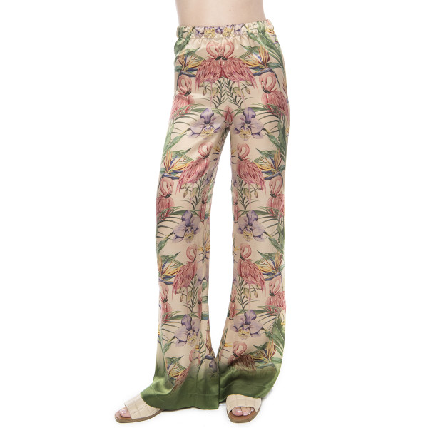 Pantalon lung Tropical Breeze, matase naturala 100%, bordura verde