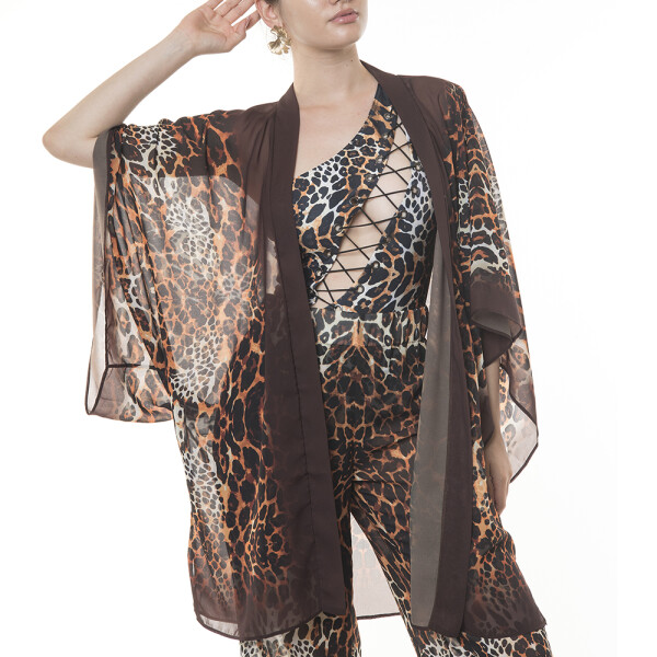Kimono mini deschis Wild Mood, bordura maro, voal transparent