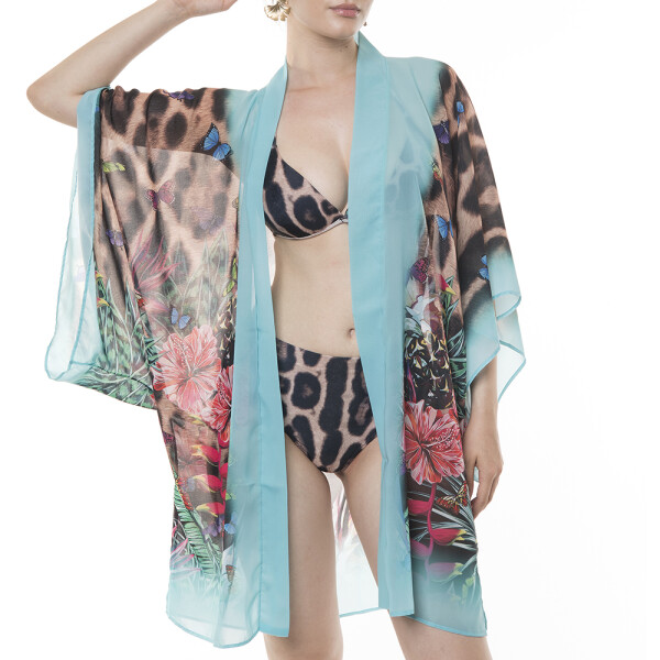 Kimono mini deschis Jungle Vibe, bordura turquoise, voal transparent