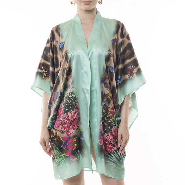 Kimono mini deschis Jungle Vibe, bordura turquoise, matase naturala 100%