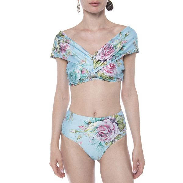Costum baie 2 piese Dreamy garden, sutien bustiera volan umar si slip brazilian semitalie