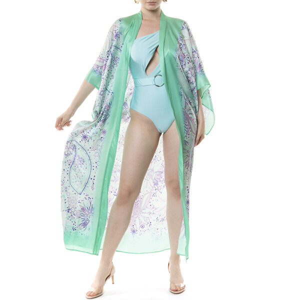 Kimono deschis Paisley Aqua, matase naturala 100%