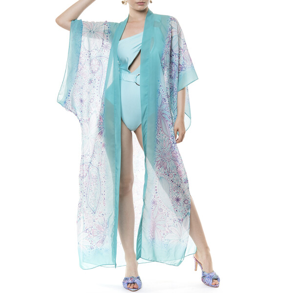 Kimono deschis Paisley Aqua, voal transparent