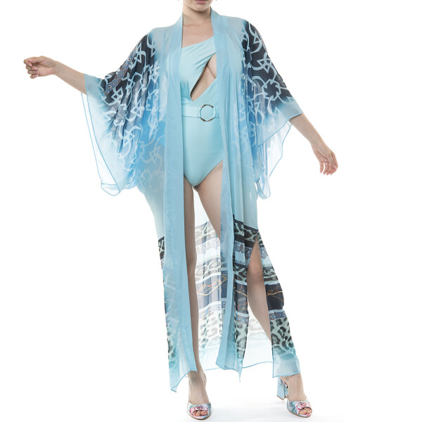 Kimono deschis Geometric Jewel Aqua, voal