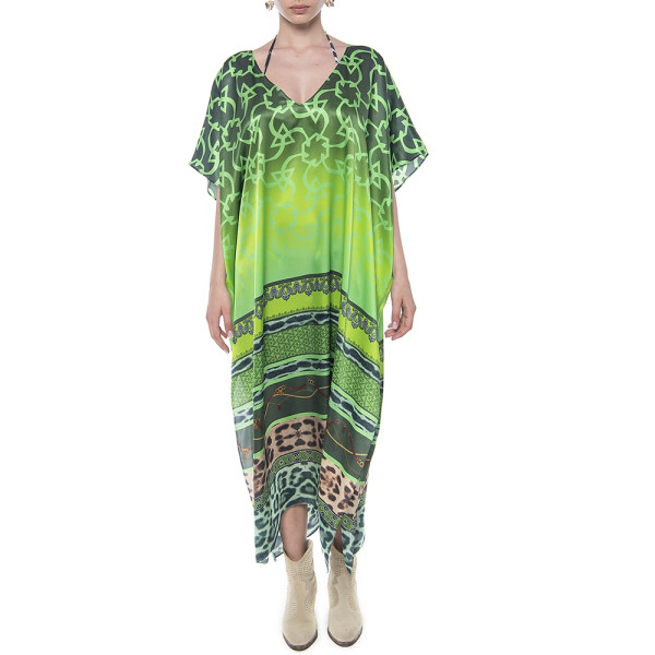 Caftan lung, decolteu V, matase 100%, imprimeu Green Jewel