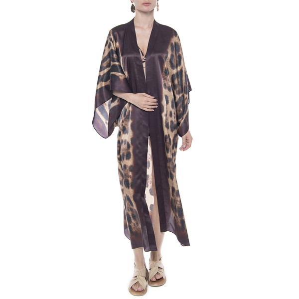 Kimono deschis, matase naturala 100%, imprimeu Feline Moves, bordura maro