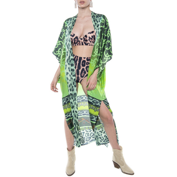 Kimono deschis, matase 100%, imprimeu Green Jewel