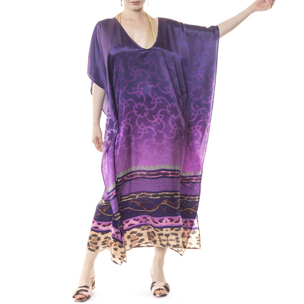 Caftan inchis Geometric Jewel Lilla, matase naturala 100%