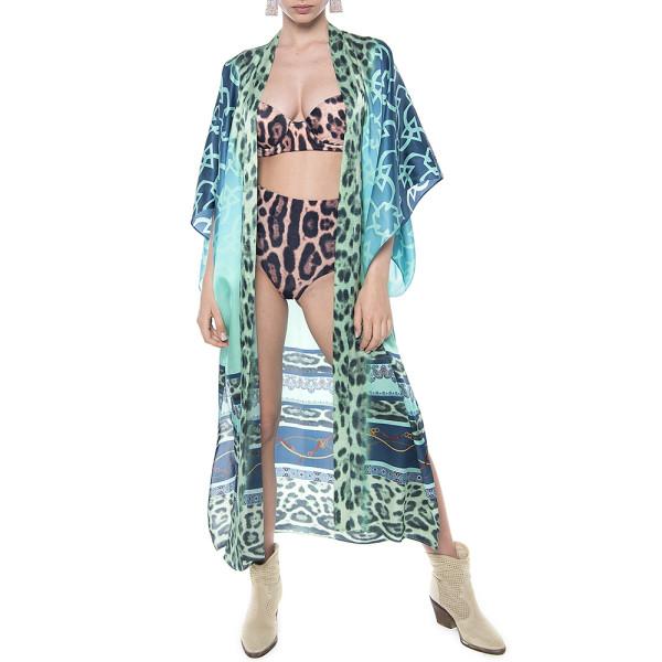Kimono deschis, matase 100%, imprimeu Aqua Jewel