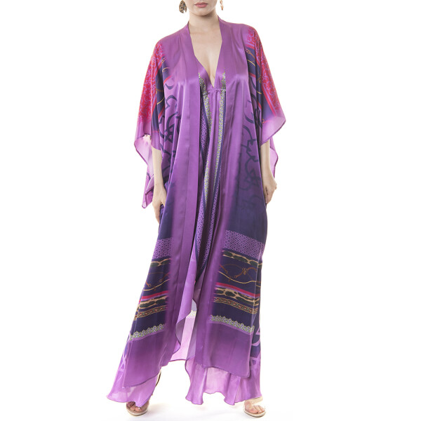 Set Geometric Jewel Lilla (rochie asimetrica + kimono deschis), matase naturala 100%